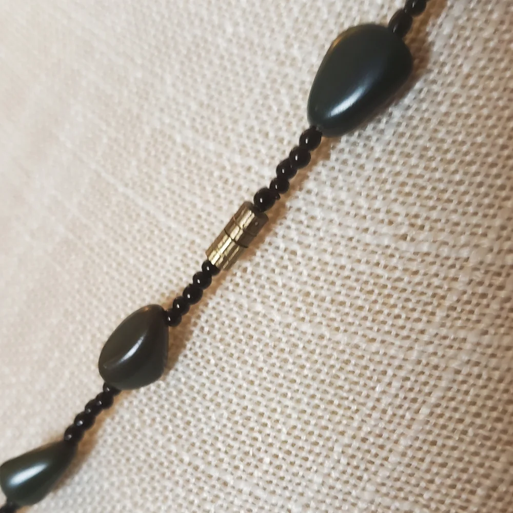 Vintage Walnut Shell Slice Long Necklace With Green Black Beads